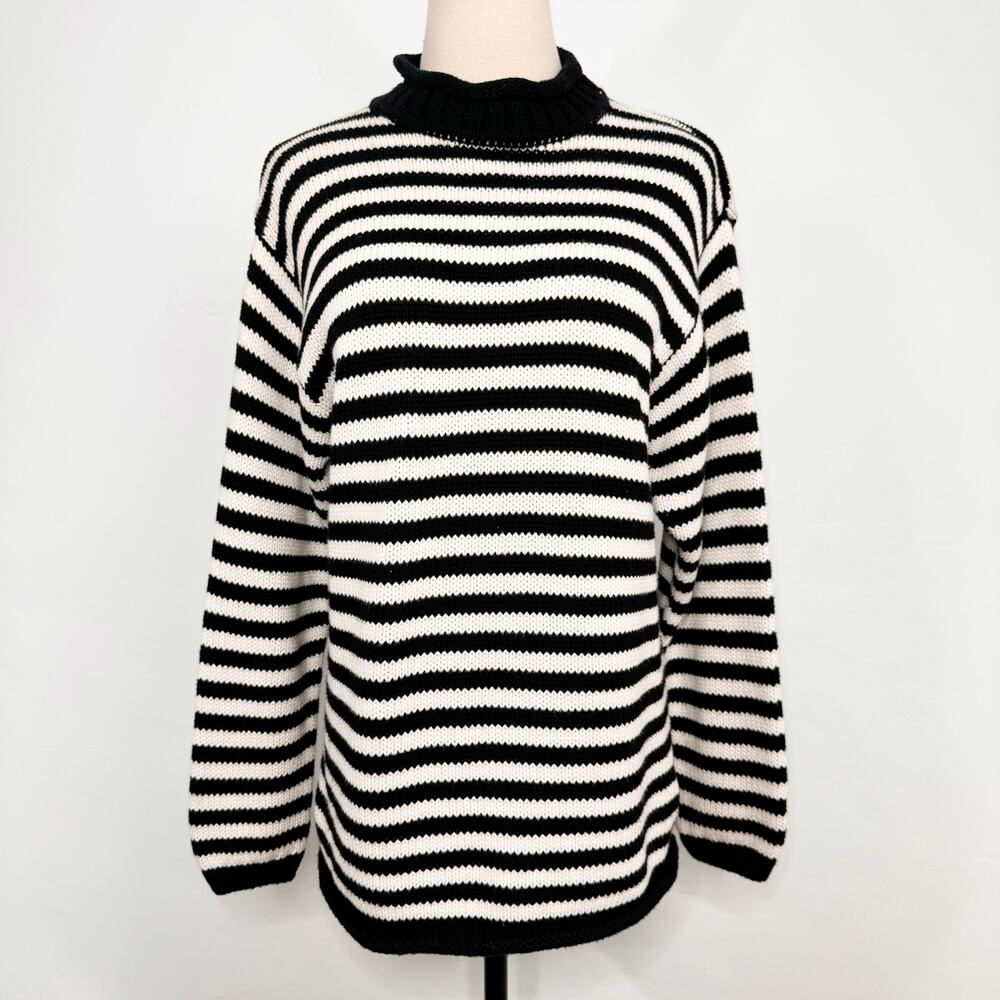 Lands' End Black & White Striped Sweater Classic Preppy French Nautical Size XL